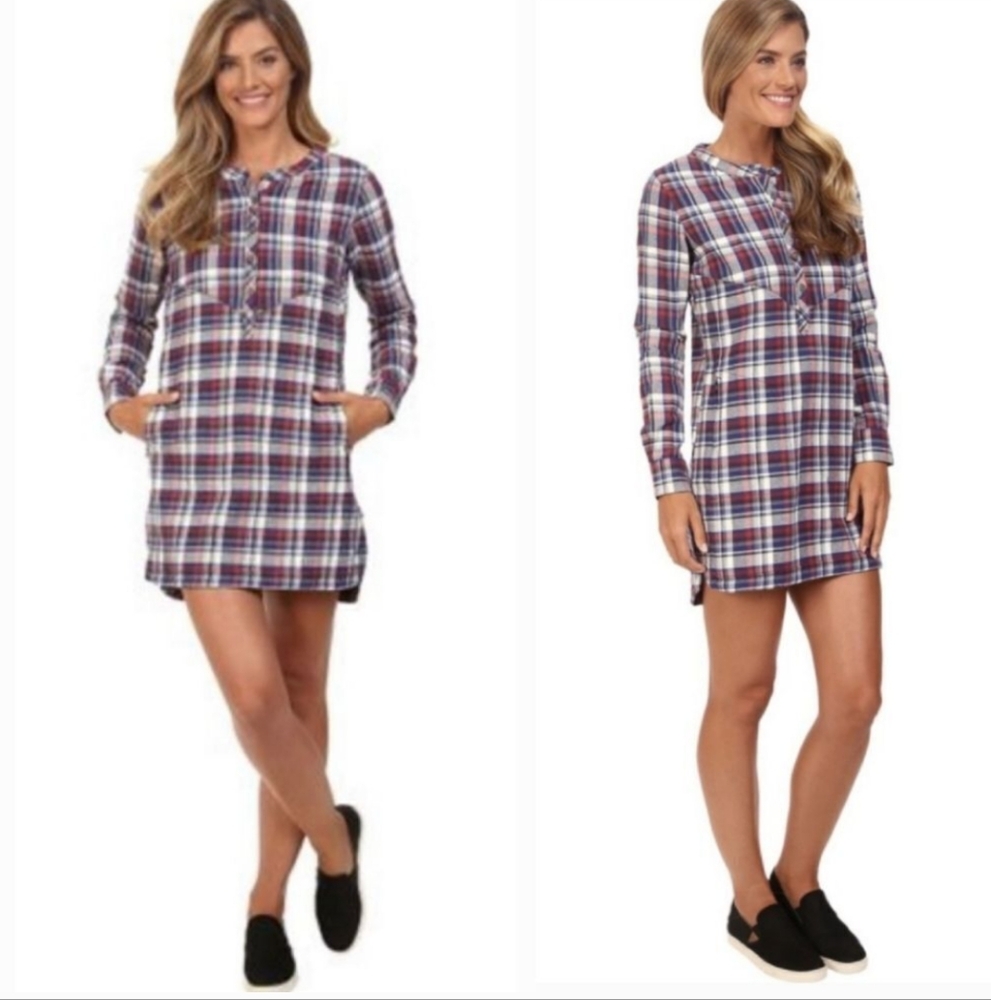 Merrell Vagabond Tunic Dress Blue White Orange Plaid Pockets Size Small